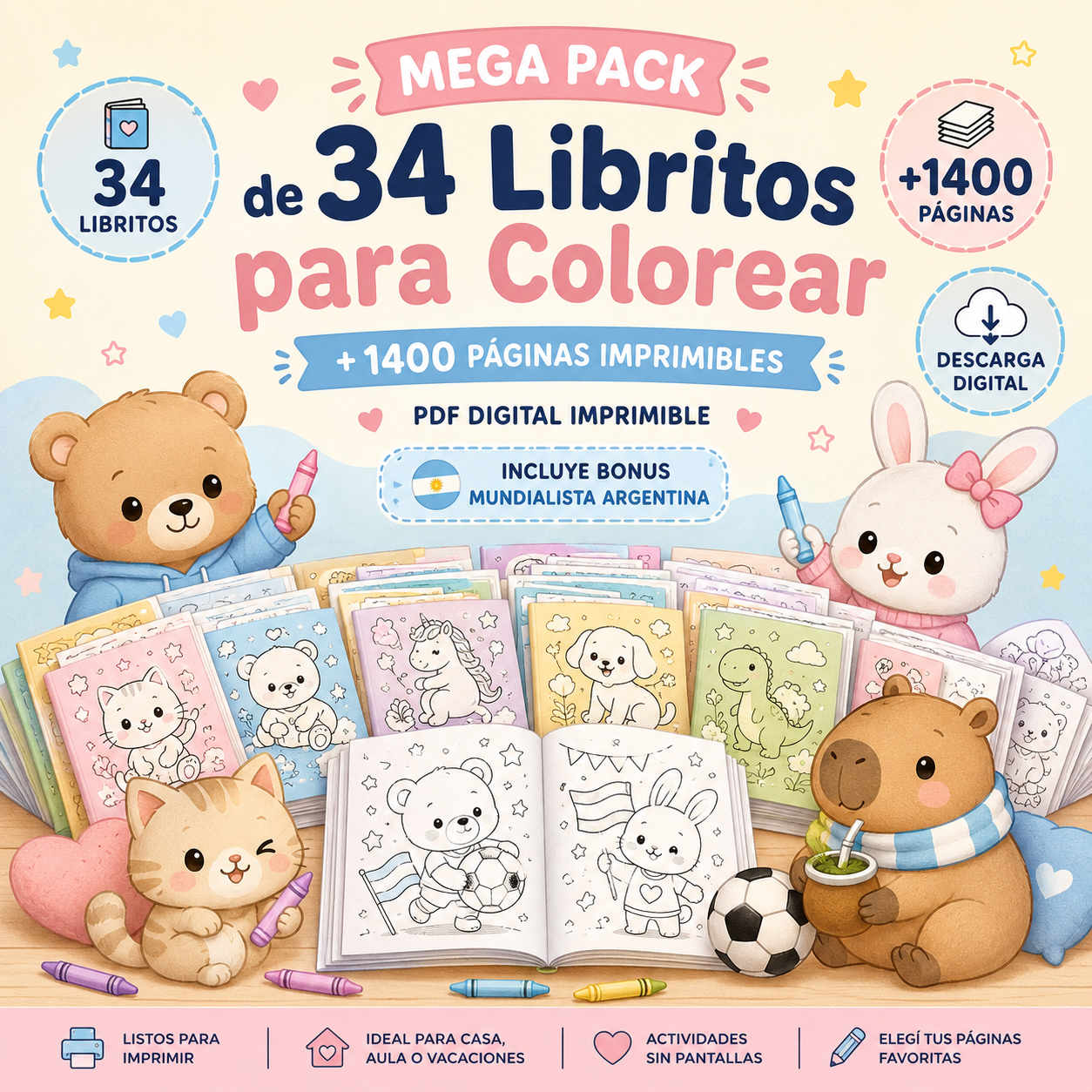 Mega Pack de 34 Libritos para Colorear + Bonus Mundialista Argentina 🇦🇷 | PDF Digital Imprimible