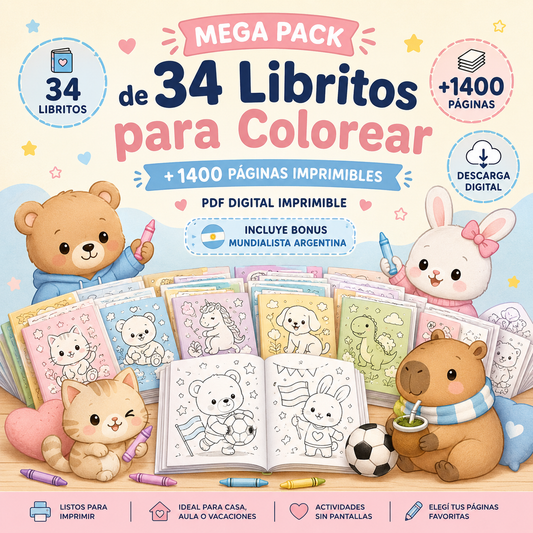 Mega Pack de 34 Libritos para Colorear + Bonus Mundialista Argentina 🇦🇷 | PDF Digital Imprimible